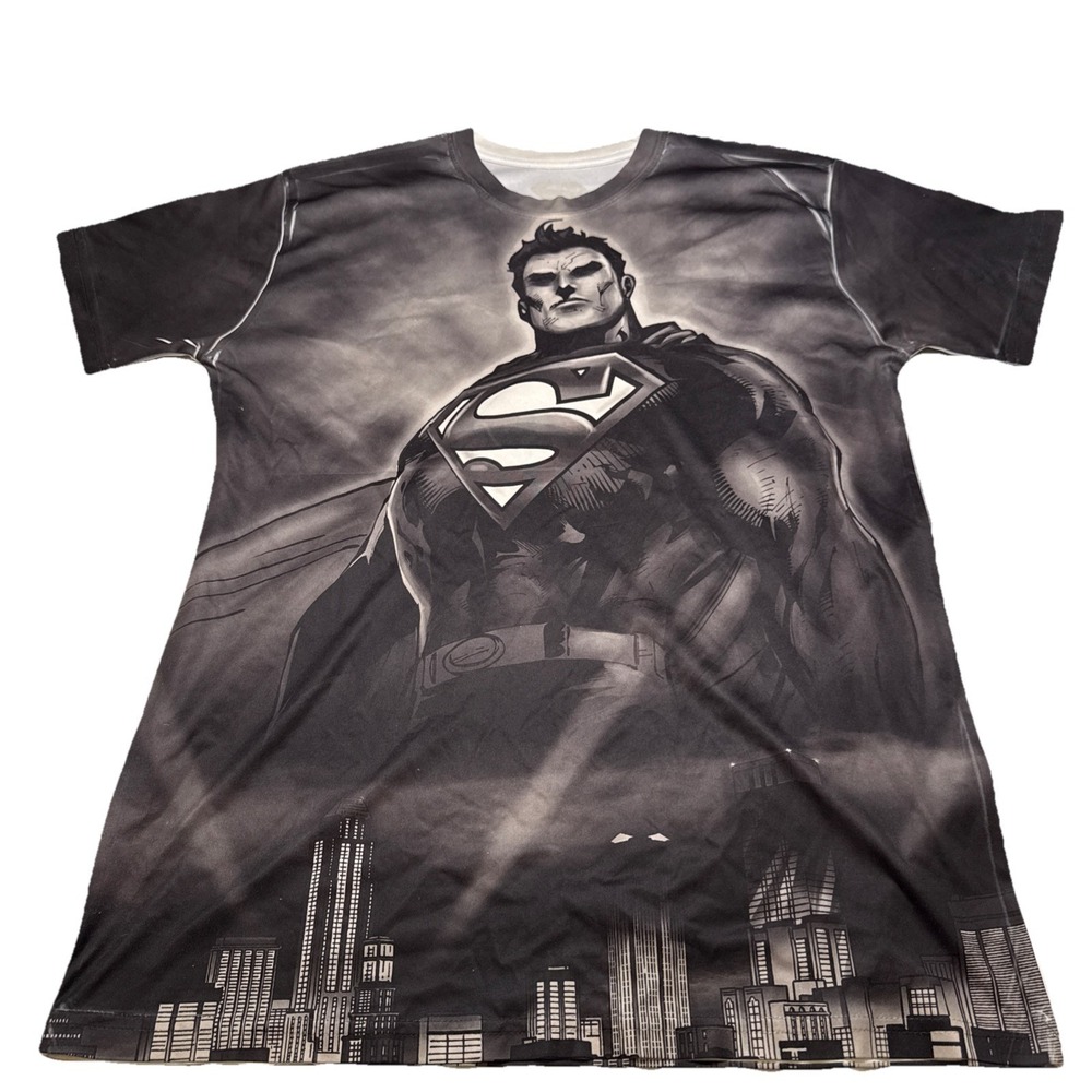 Superman DC‎ Comics Shirt Mens Large Black White All Over Print Graphic Tee L